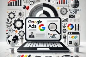 Ilustrasi Google Ads untuk bisnis branding dengan dominasi warna abu, putih, hitam, merah