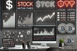 Ilustrasi berbagai jenis investasi dengan grafik keuangan dan elemen bisnis