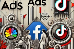 Ilustrasi perbandingan Meta Ads, Google Ads, dan TikTok Ads untuk strategi digital marketing terbaik dengan warna dominan abu, putih, hitam, dan merah.