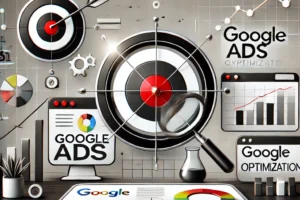 Ilustrasi optimasi Google Ads untuk bisnis dengan dominasi warna abu, putih, hitam, merah.