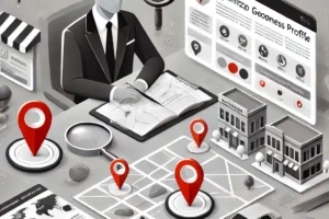 Ilustrasi optimasi Google Business Profile untuk bisnis lokal, warna abu, putih, hitam, dan merah.