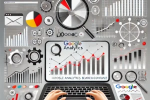 Ilustrasi perbandingan Google Analytics dan Search Console, warna abu, putih, hitam, dan merah