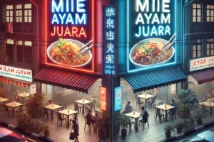Suasana malam yang ramai di sebuah sudut jalan dengan dua restoran. Satu restoran memiliki neon box terang bertuliskan "Mie Ayam Juara," menarik perhatian pejalan kaki, sementara restoran lainnya hanya memiliki spanduk pudar bertuliskan "Mie Ayam Enak." Kontras ini menyoroti pentingnya neon signage dalam menarik pelanggan.