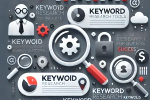 Tools keyword research terbaik untuk bisnis dengan dominasi warna abu, putih, hitam, dan merah.