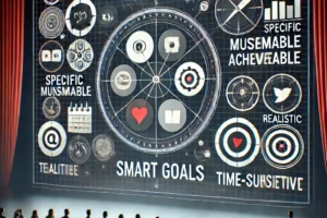 Visual SMART Goals untuk strategi sosial media dengan ikon spesifik, terukur, realistis, dan berbatas waktu.