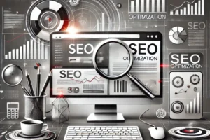 Ilustrasi strategi SEO: optimasi website dengan keyword tepat dan konten berkualitas