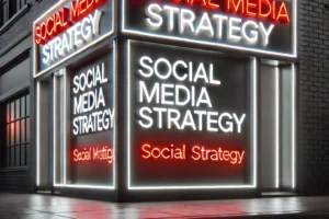 Toko modern dengan neon sign bertuliskan "Social Media Strategy" untuk branding bisnis.