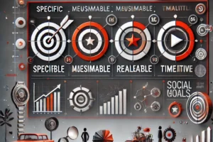 Gambar studi kasus SMART Goals untuk kampanye sosial media, dengan ikon spesifik, terukur, realistis, dan berbatas waktu.